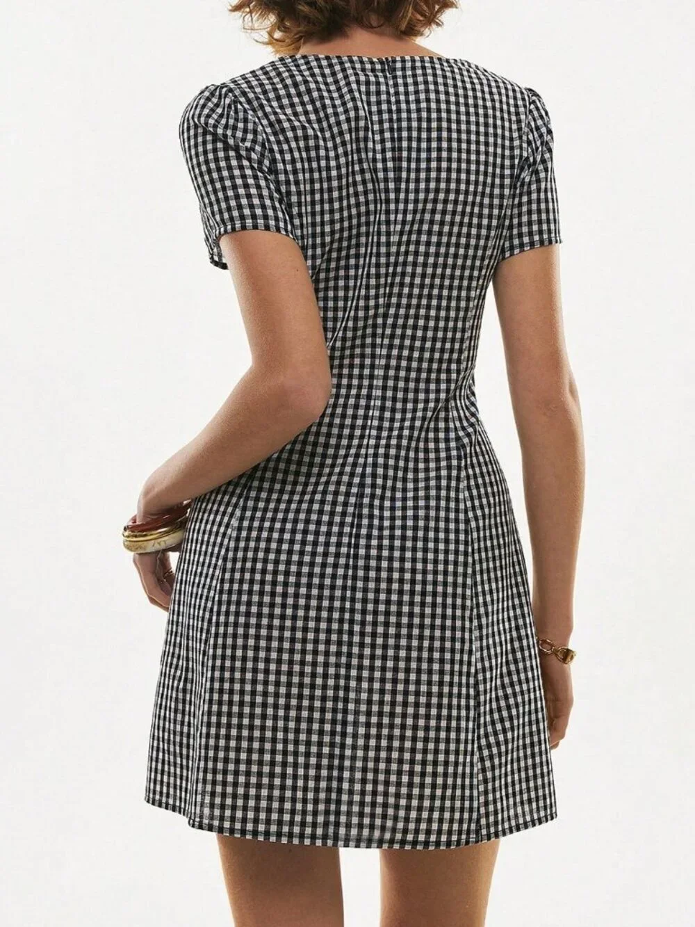 Black Casual Women's Plaid Button-Front V-Neck Mini Dress